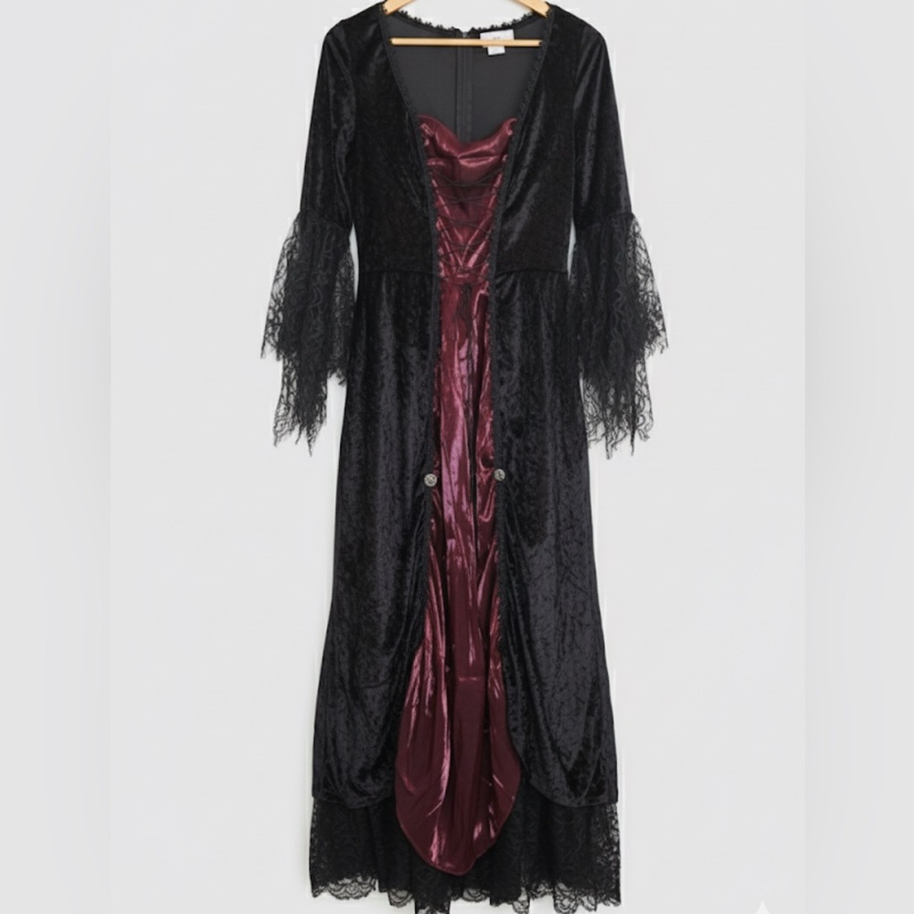 Black Velvet Lace-Trim Robe with Burgundy Satin Inset